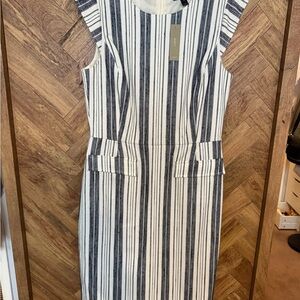 J. Crew White and Gray Sheath Midi Dress with Flutter Cap Sleeves